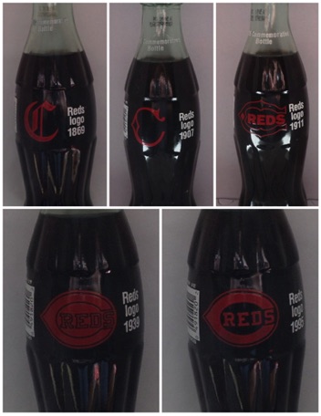 € 25,00 coca cola set van 5 flessen red logo jaartallen 1869, 1907, 1911, 1939, 1995